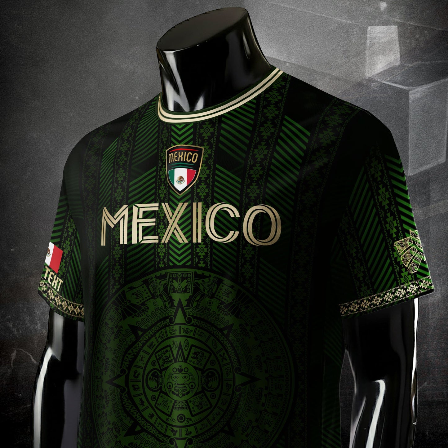 Custom Mexico Green Soccer Jersey with Golden Aztec Calendar Pattern