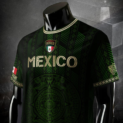 Custom Mexico Green Soccer Jersey with Golden Aztec Calendar Pattern