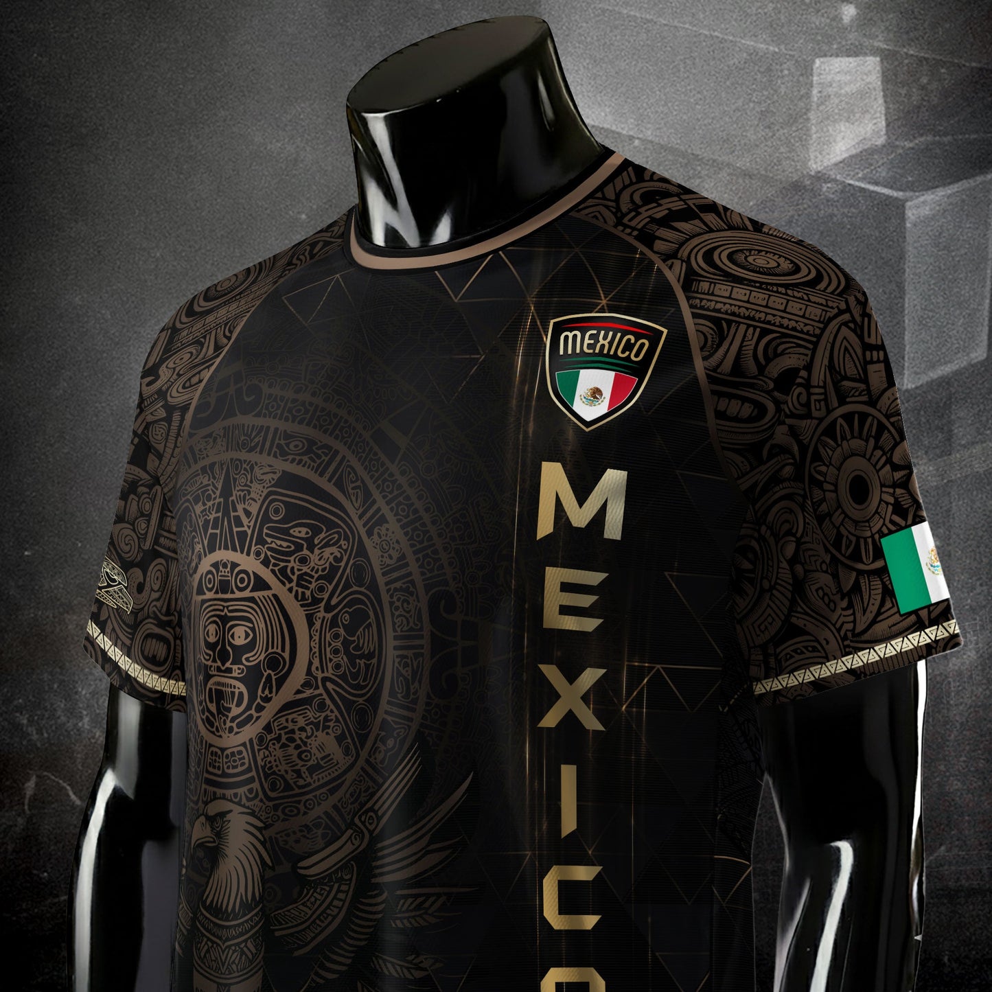 Mexico Soccer Jersey Black Gold Aztec Calendar & Eagle Emblem