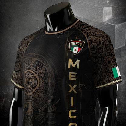 Mexico Soccer Jersey Black Gold Aztec Calendar & Eagle Emblem