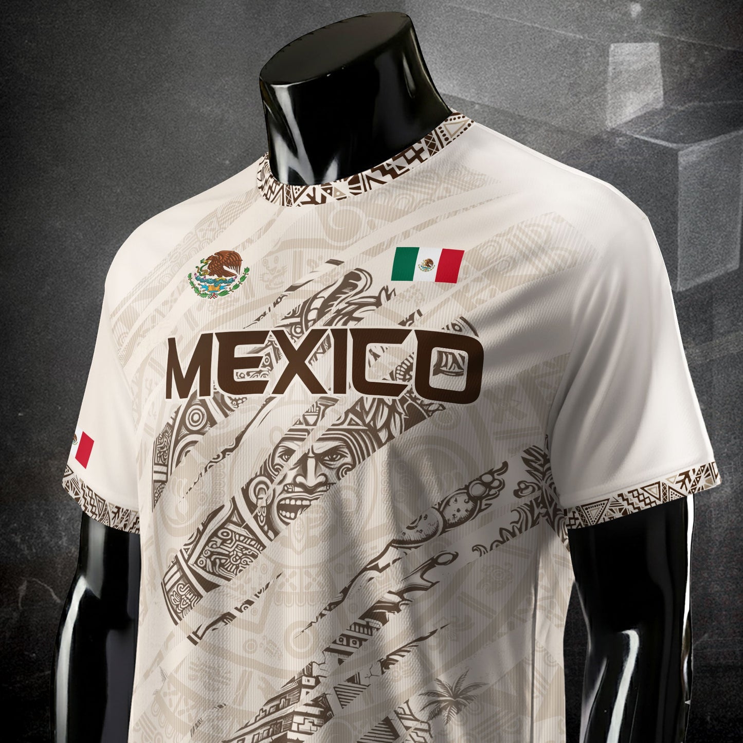 Mexico Beige Aztec Warrior Pyramid Heritage Mens Football Soccer Jersey