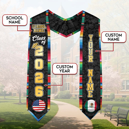 Custom Mexican Graduation Stole 2026 USA Mexico Flag Serape Eagle Emblem