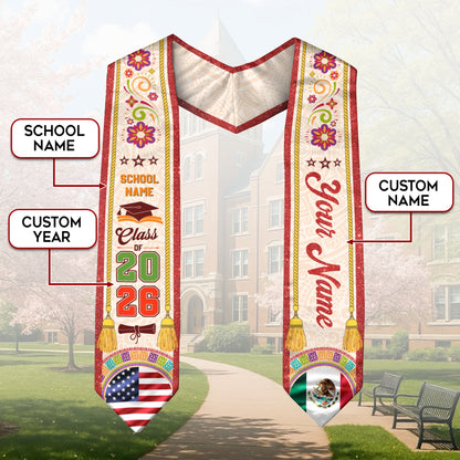 Customizable Mexico Graduation Stole 2026, Mexican Stole, Mexican American Flag Sash