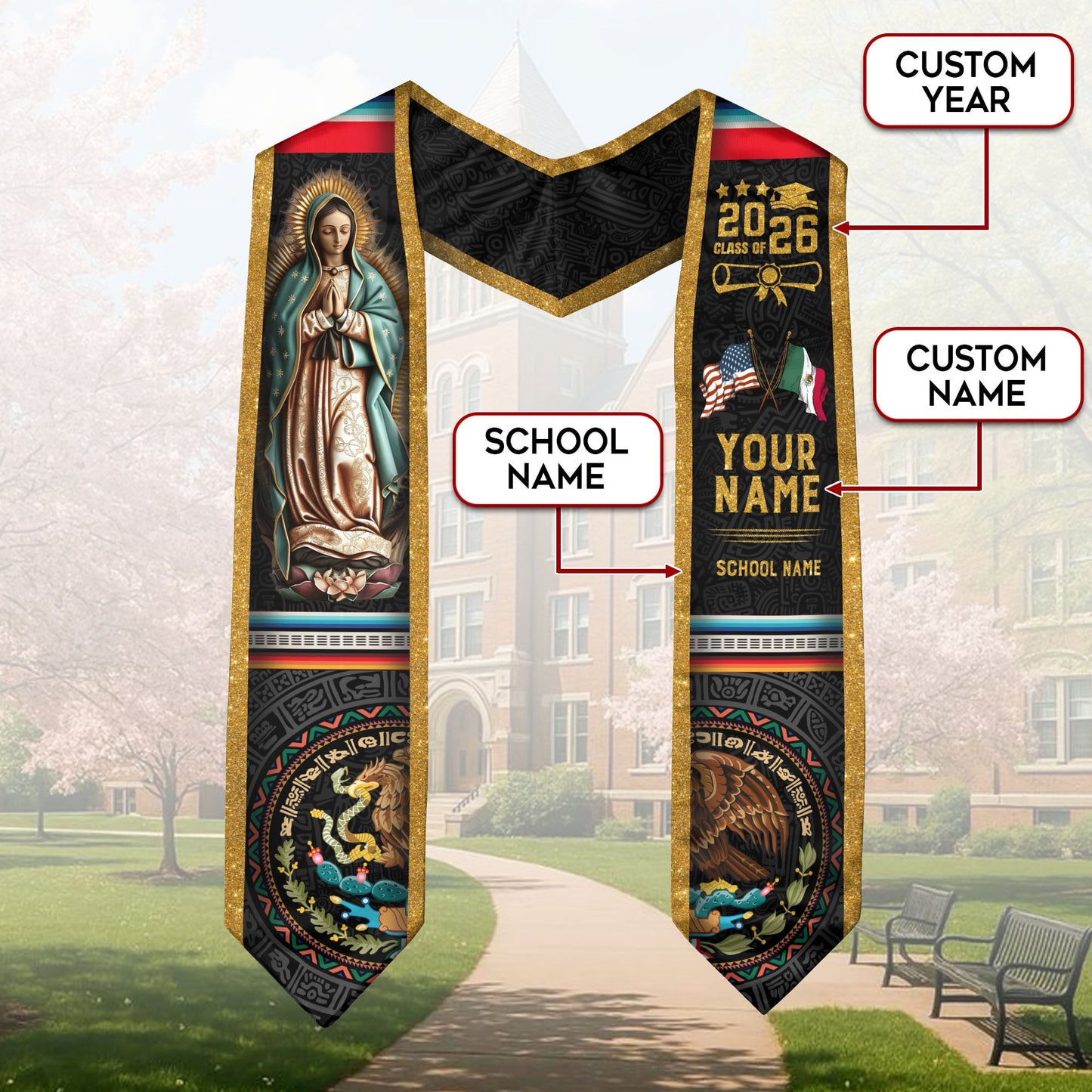 Custom Mexican Graduation Sash 2026, Personalized Mexico Stole for Graduate. Unique Mexican Graduation Stole for Graduation Ceremony