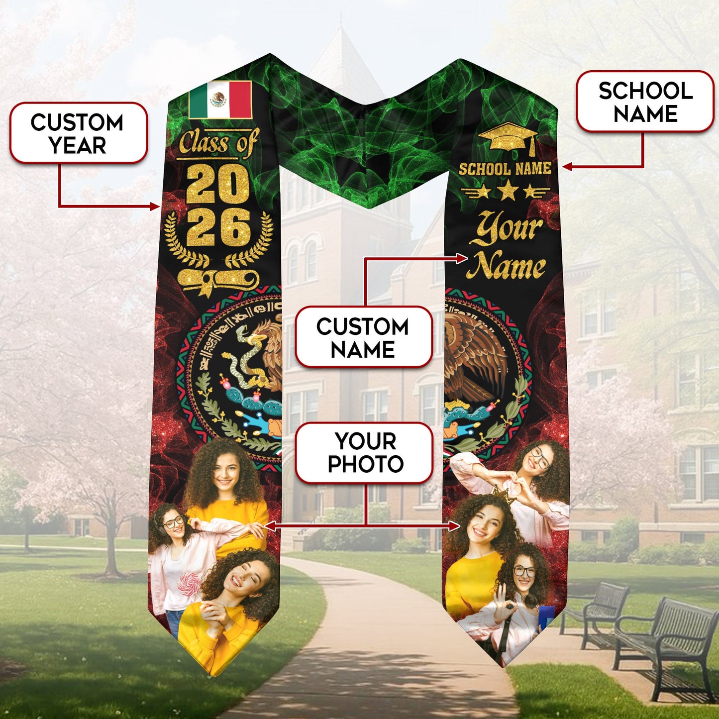 Mexican Aztec Custom Photo Stole 2026, Graduation Sash Mexico for Proud Graduate