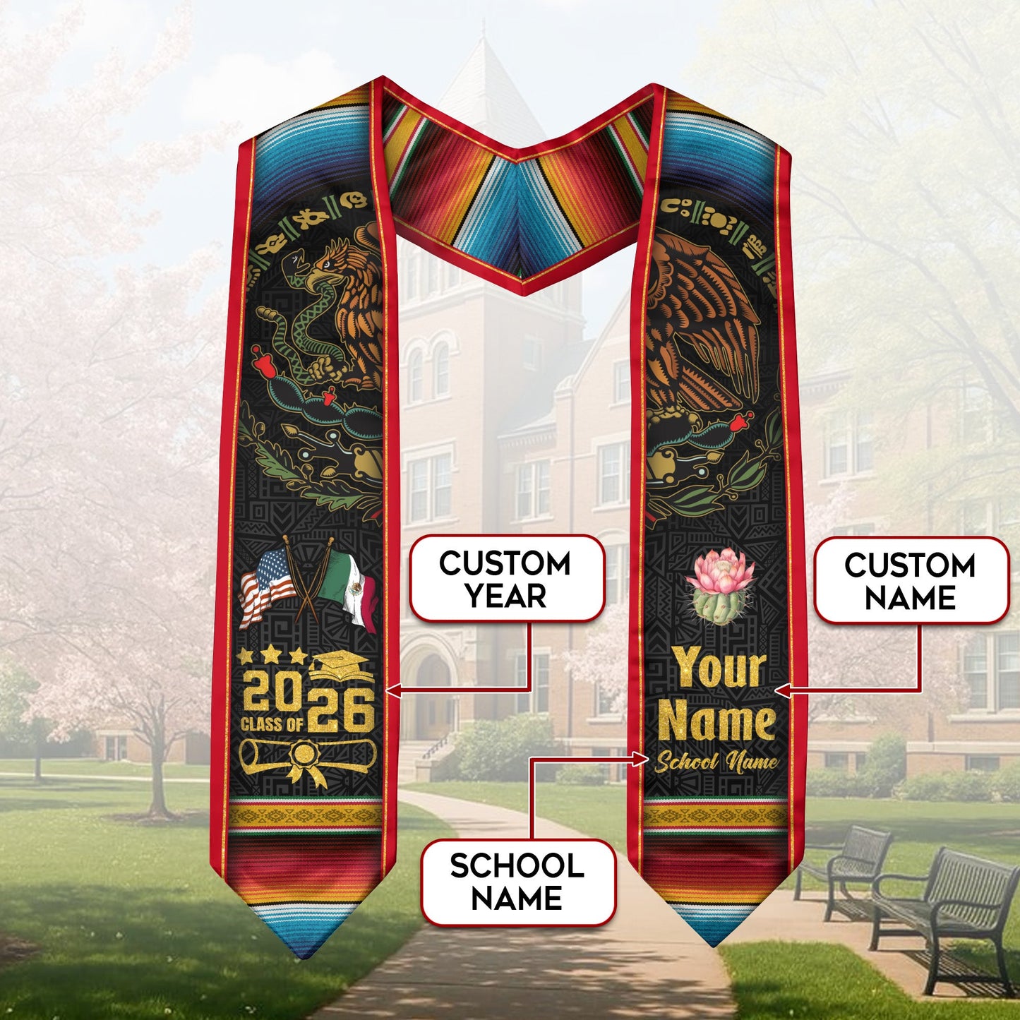 Aztec Mexico Custom Graduation Stole 2026, Mexican Sash for Graduate Honor
