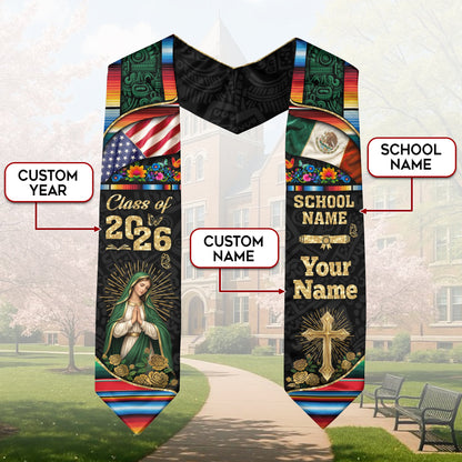 Custom Virgen de Guadalupe Class of 2026 Graduation Stole – USA & Mexico Flag Personalized Senior Sash