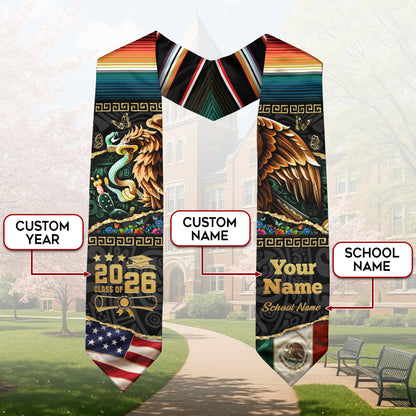 Custom Aztec Eagle Class of 2026 Graduation Stole – USA & Mexico Flag Personalized Senior Sash