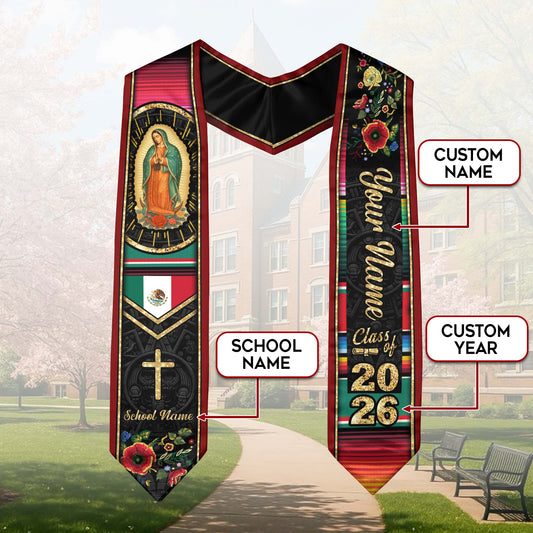 Custom Virgen de Guadalupe Christian Graduation Stole 2026 – Personalized Class of 2026 Senior Sash with Cross & Floral Design