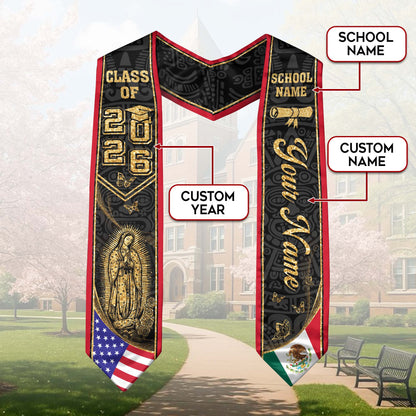 Custom Mexico Graduation Stole Class of 2026 Virgen de Guadalupe Butterfly Name Sash