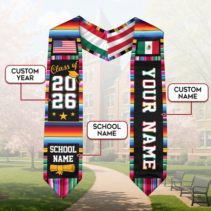 Custom Mexican Graduation Stole Mexico USA Flag Serape Class 2026 Personalized Name
