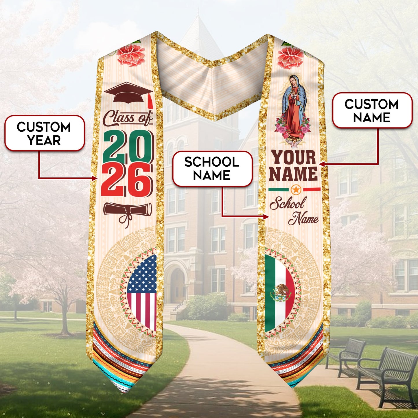 Custom Mexican Graduation Stole Aztec Calendar Virgin Mary USA Mexico Flag 2026