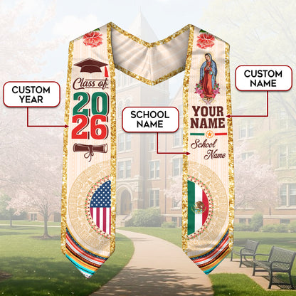 Custom Mexican Graduation Stole Aztec Calendar Virgin Mary USA Mexico Flag 2026
