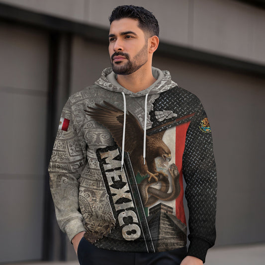 Mexico Flag Eagle Serpent Aztec Pyramid Stone Steel Heritage Warrior Pride Hoodie