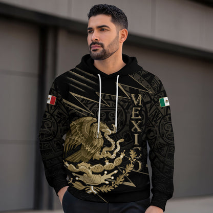 Mexican Black Gold Eagle Snake Flag Aztec Heritage Mens Sudadera De Mexico Hoodie