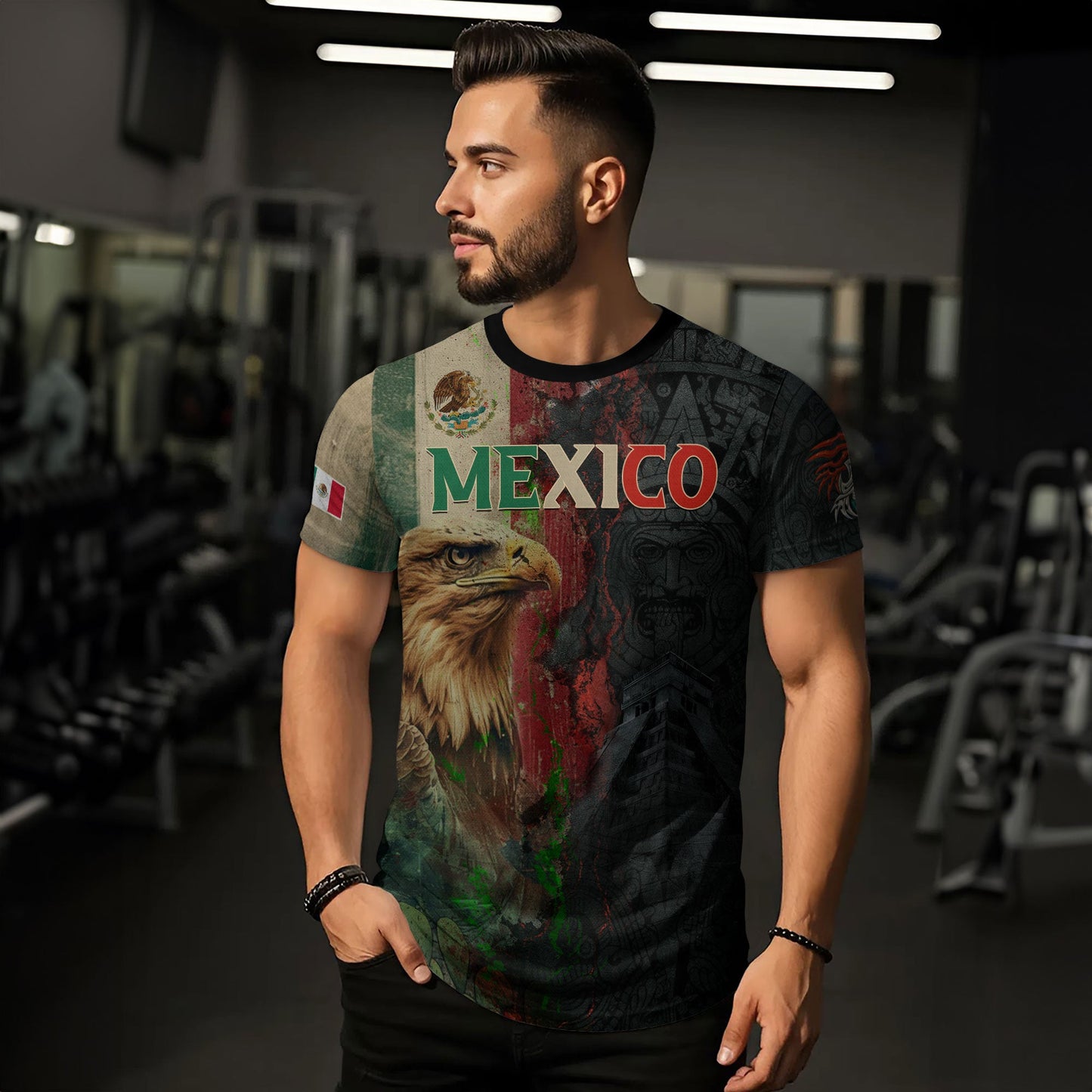 Mexico Flag Eagle Head Aztec Warrior Dark Art Legacy Pride Men's Shirt