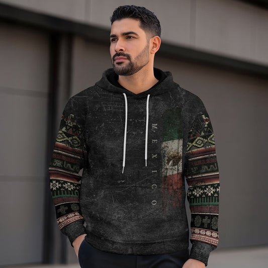 Mexican American Flag Distressed Tribal Pattern Heritage Mens Sudadera Hoodie
