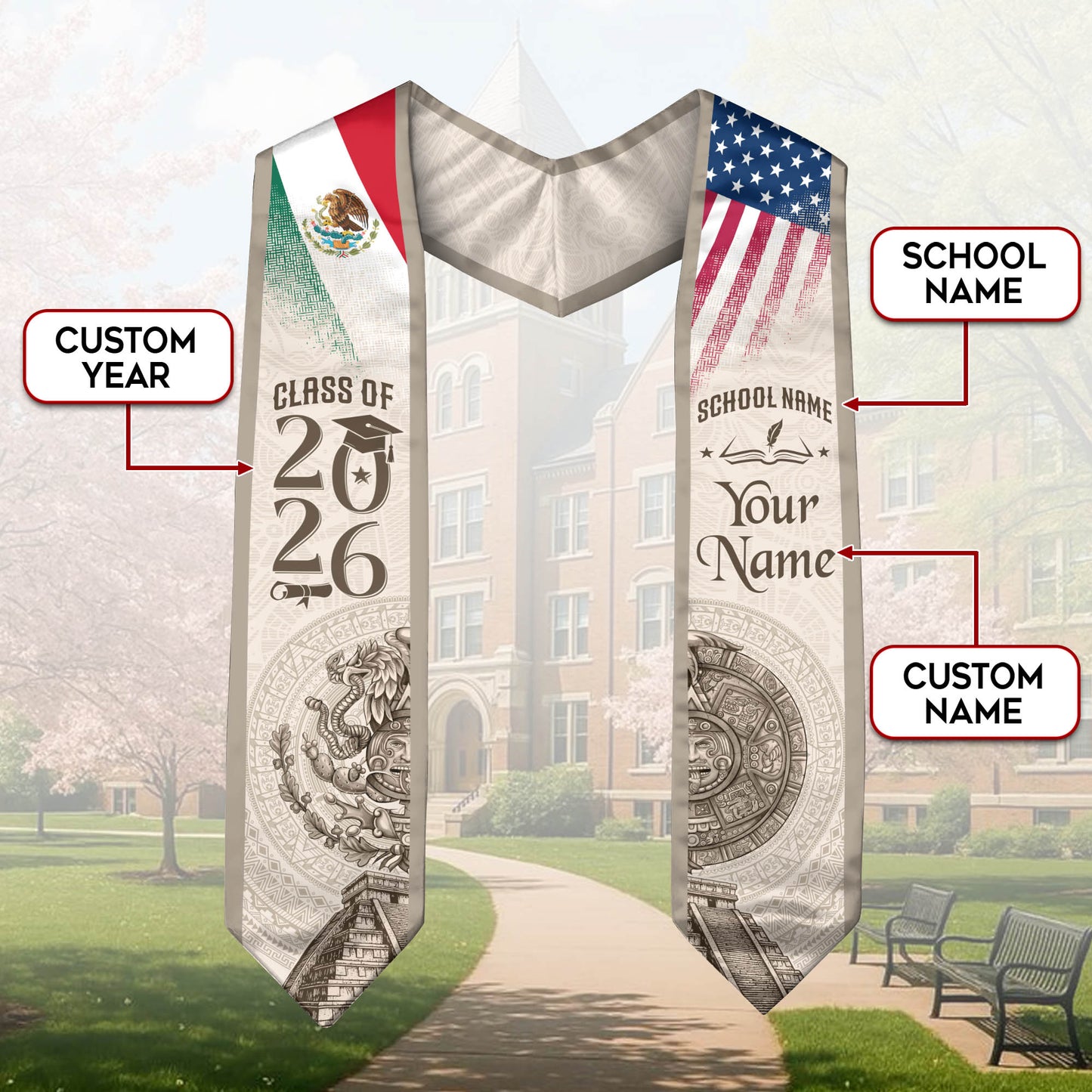 TEST BUNDLE - Mexican Graduation Stole Aztec Calendar Pyramid Eagle USA Mexico Flag Custom Sash (Copy)