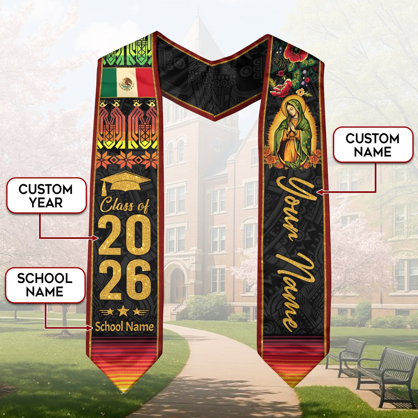 Mexican Graduation Stole Aztec Pattern Virgin Mary Floral Flag Custom Sash 2026