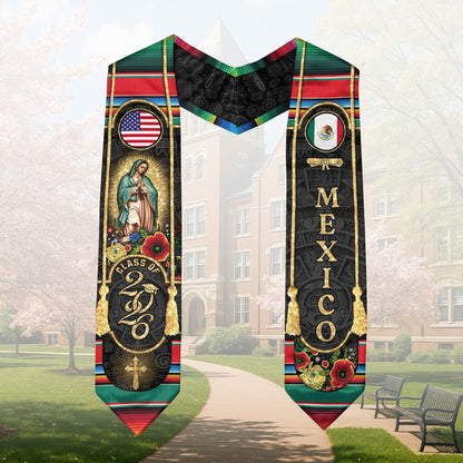 Mexican Graduation Stole Mexico USA Flag Aztec Virgin Mary Cross Flowers 2026