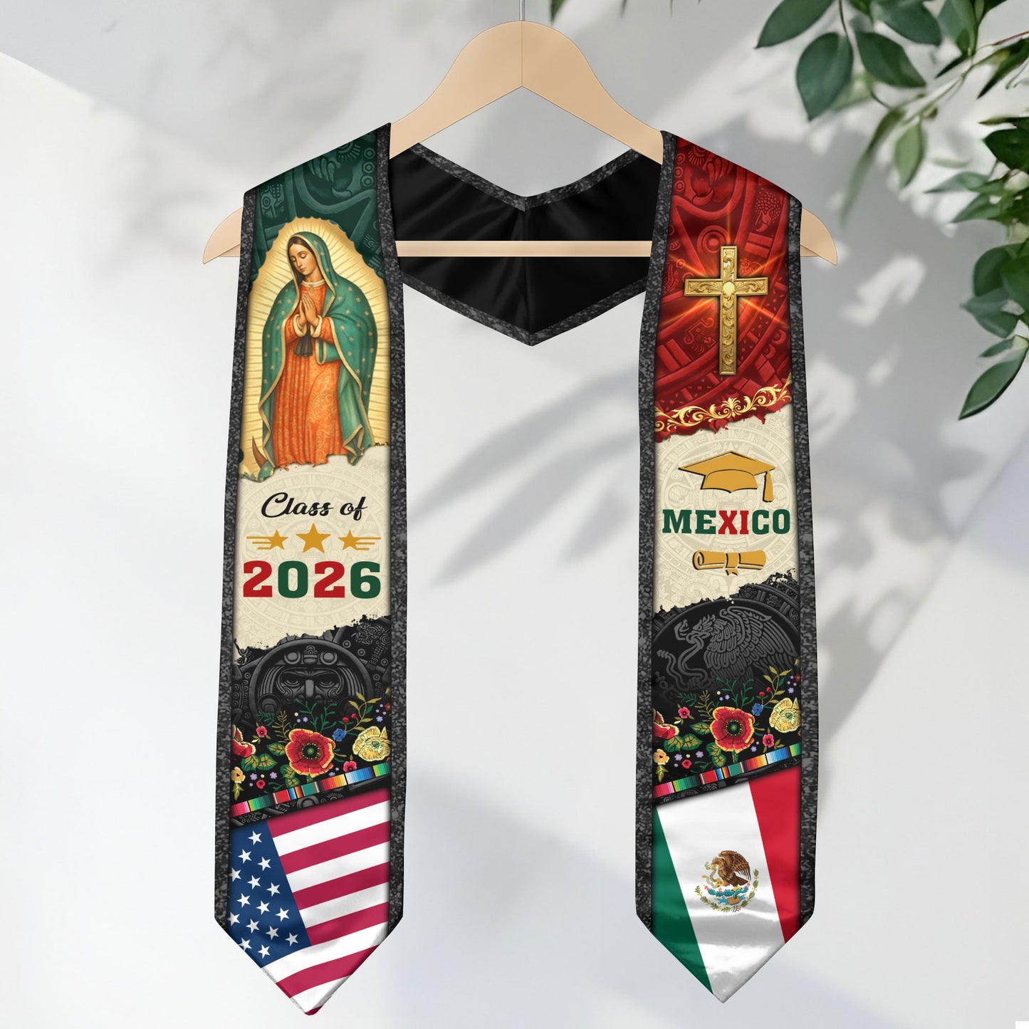 Mexican Graduation Stole Mexico USA Flag Aztec Virgin Mary Cross Eagle 2026