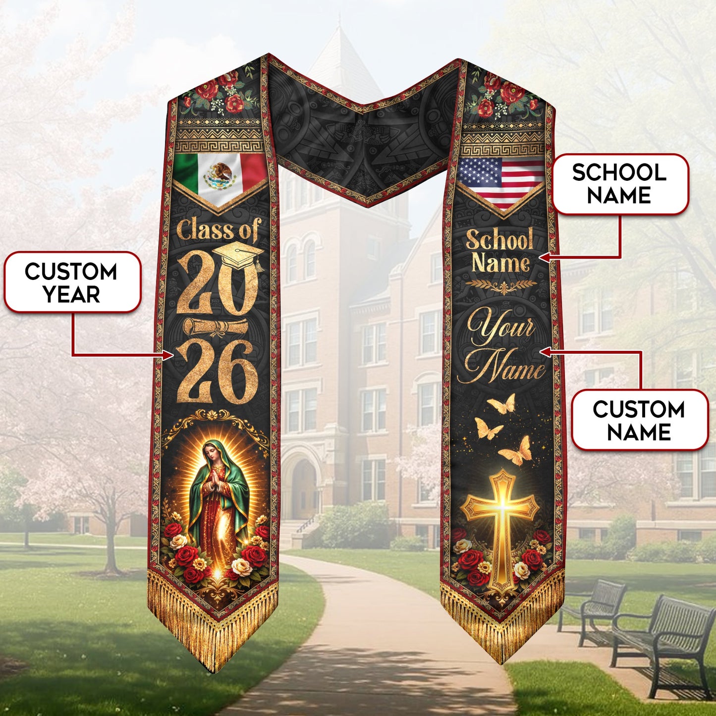 Mexican Graduation Stole 2026 Custom Mexican Graduation Sash, Mexican Flag Graduation
