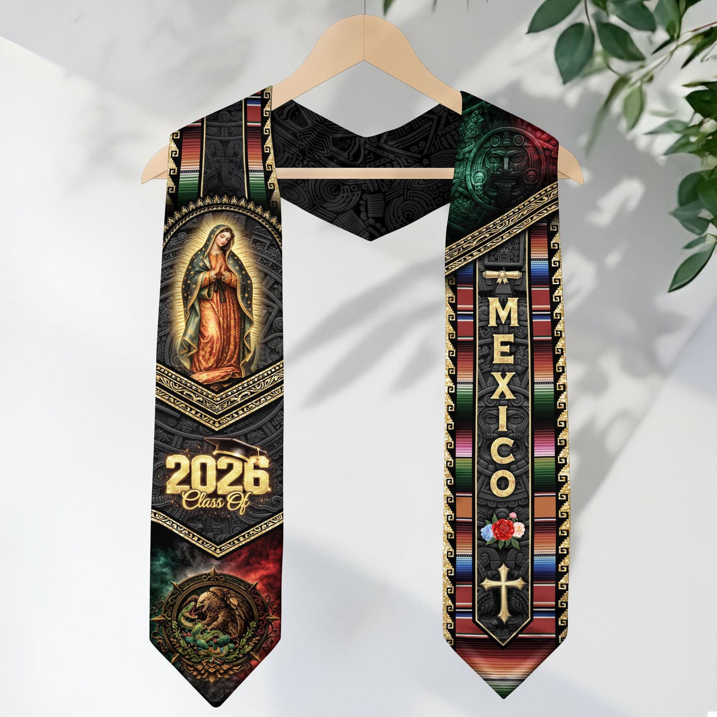 Mexican Graduation Stole Class of 2026 Aztec Virgin Mary Eagle Cross Serape Mexico Flag Sash
