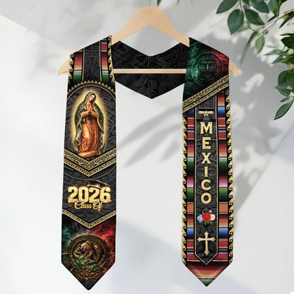 Mexican Graduation Stole Class of 2026 Aztec Virgin Mary Eagle Cross Serape Mexico Flag Sash