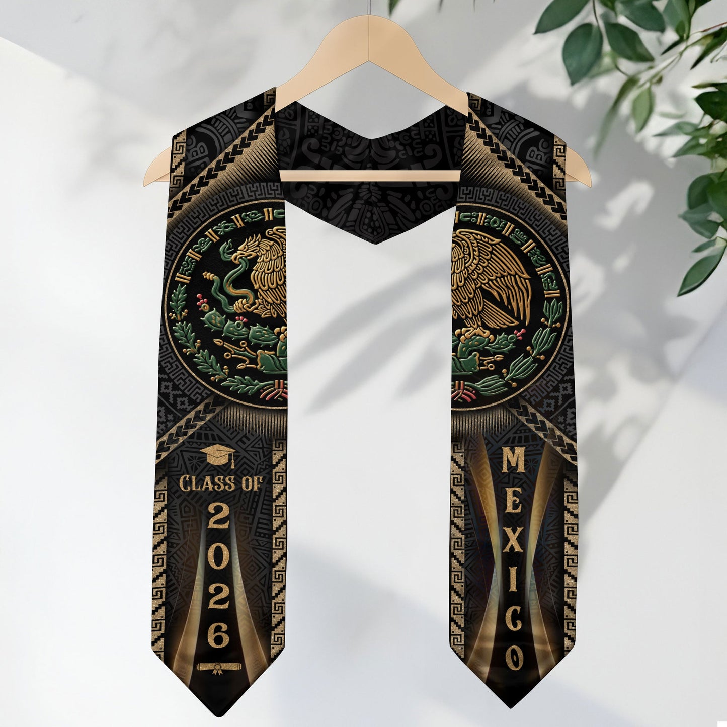Mexican Graduation Stole Class of 2026 Aztec Calendar Eagle Emblem Gold Mexico Sash