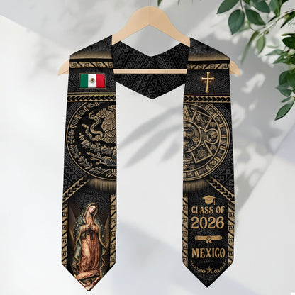 Mexican Graduation Stole 2026, Luxury Black Gold Aztec & Our Lady of Guadalupe
