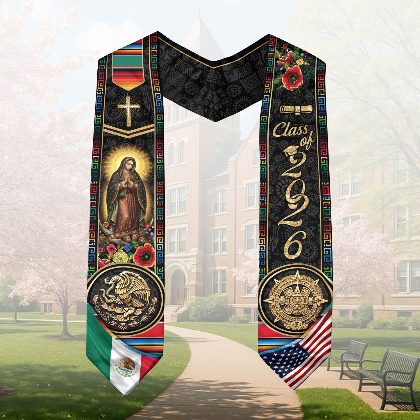 Class of 2026 Mexico Graduation Stole, Eagle & Aztec Sun Stone Heritage Serape