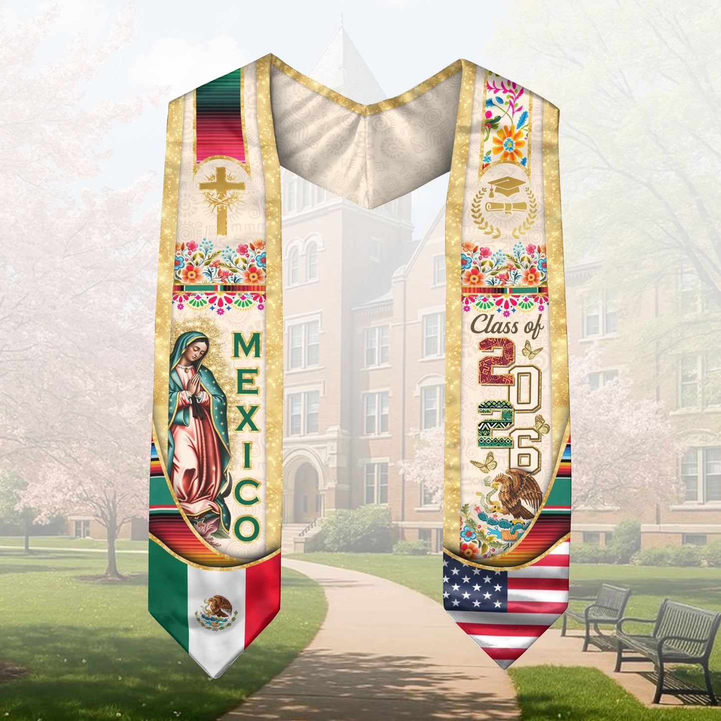 Mexican Graduation Stole Class of 2026 – Guadalupe Catholic Mexico Flag Sash