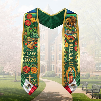 Mexico Graduation Stole Class of 2026 – Mexican Heritage Virgen Guadalupe Sash