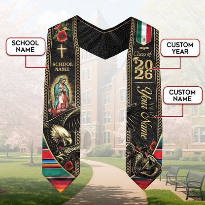 Custom Mexico Graduation Stole 2026 Virgin Mary Eagle Snake Catholic Mexican Heritage Sash