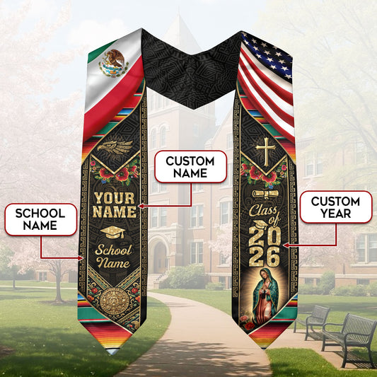 Custom Mexico USA Graduation Stole 2026 Virgin of Guadalupe Mexican American Heritage Sash