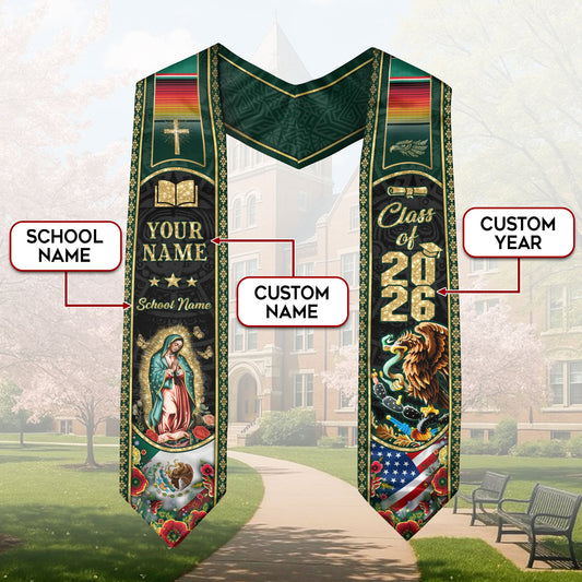 Custom Mexico USA Graduation Stole 2026 Virgin of Guadalupe Eagle Mexican American Heritage Sash