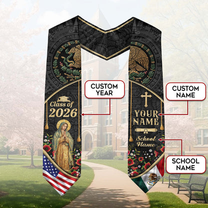 Mexico Graduation Stole Class of 2026 Custom Name Virgin Mary Aztec Eagle Sash