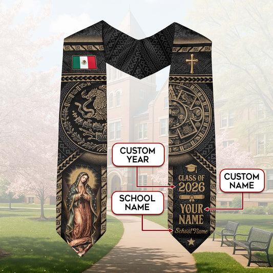 Personalized Mexican Graduation Stole - Class of 2026 Custom Name Gold Aztec Ethnic Sash