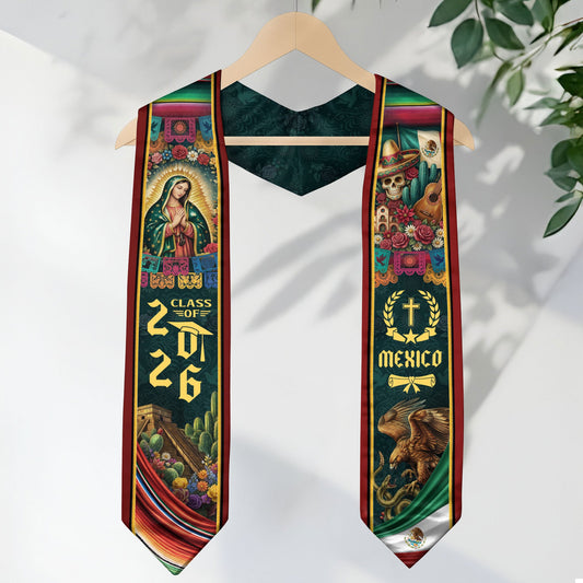 Mexico Graduation Stole 2026 Virgen de Guadalupe Sugar Skull Serape Cultural Design