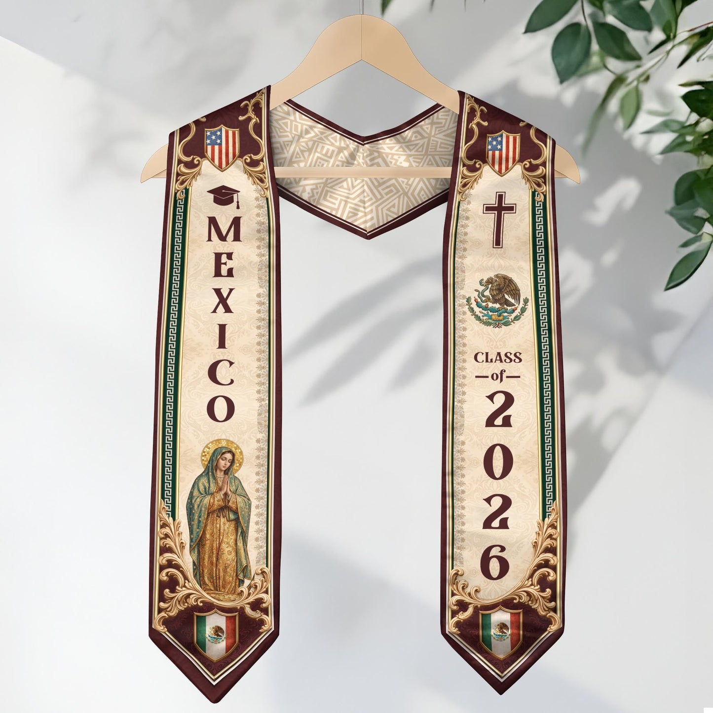 Mexico Graduation Stole 2026 Our Lady of Guadalupe Cross Catholic Classic Design