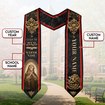 Personalized Mexico Flag Graduation Stole 2026 Our Lady of Guadalupe Gold Baroque Sash
