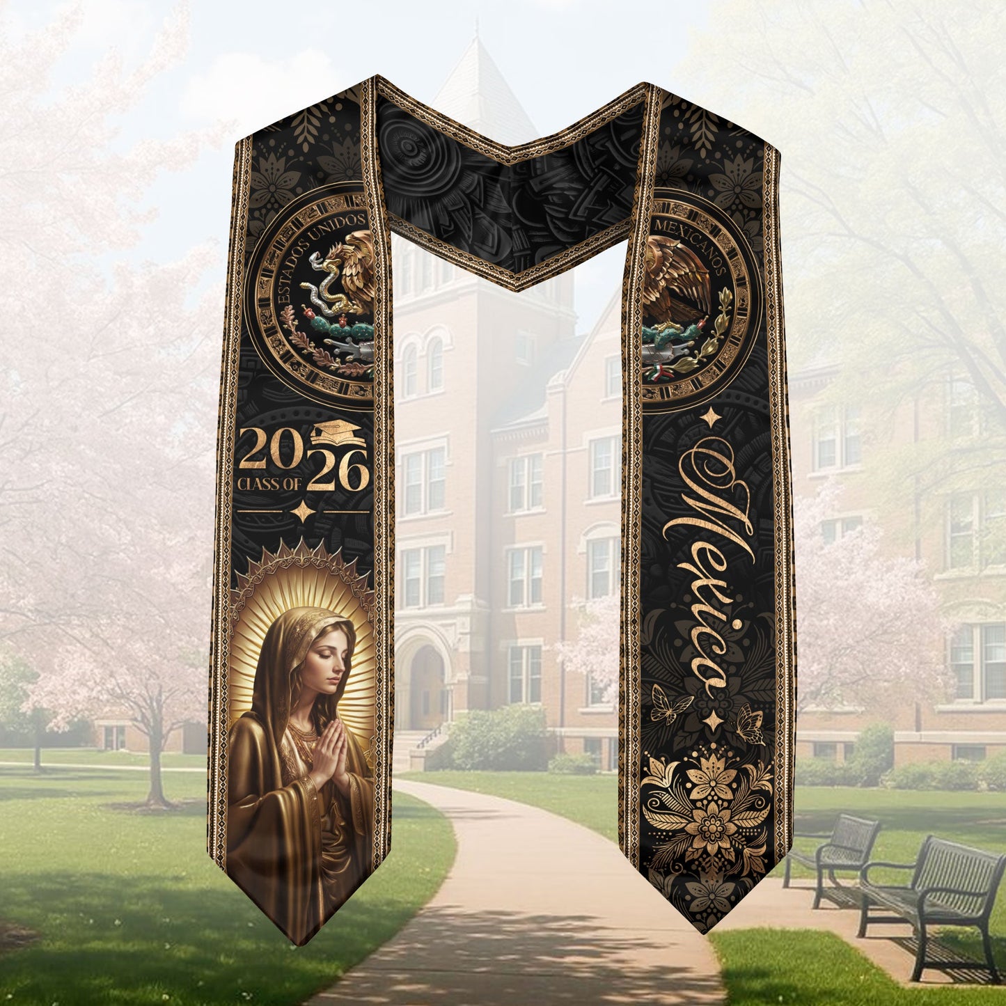 Mexico Graduation Stole Class of 2026 Virgin Mary Guadalupe Black Gold Gift Sash