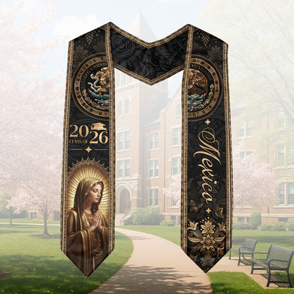 Mexico Graduation Stole Class of 2026 Virgin Mary Guadalupe Black Gold Gift Sash