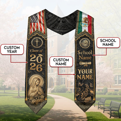 Mexico Graduation Stole Custom Name Class of 2026 USA Flag Virgin Mary Heritage Sash