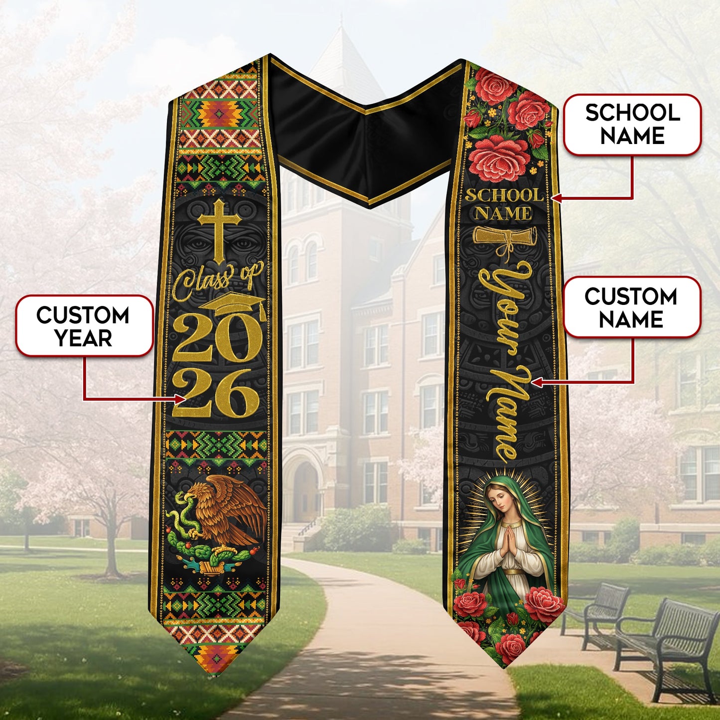 Custom Name Mexican Graduation Stole 2026 - Our Lady of Guadalupe & Eagle Heritage Sash