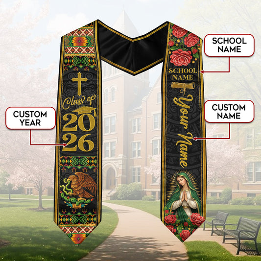 Custom Name Mexican Graduation Stole 2026 - Our Lady of Guadalupe & Eagle Heritage Sash