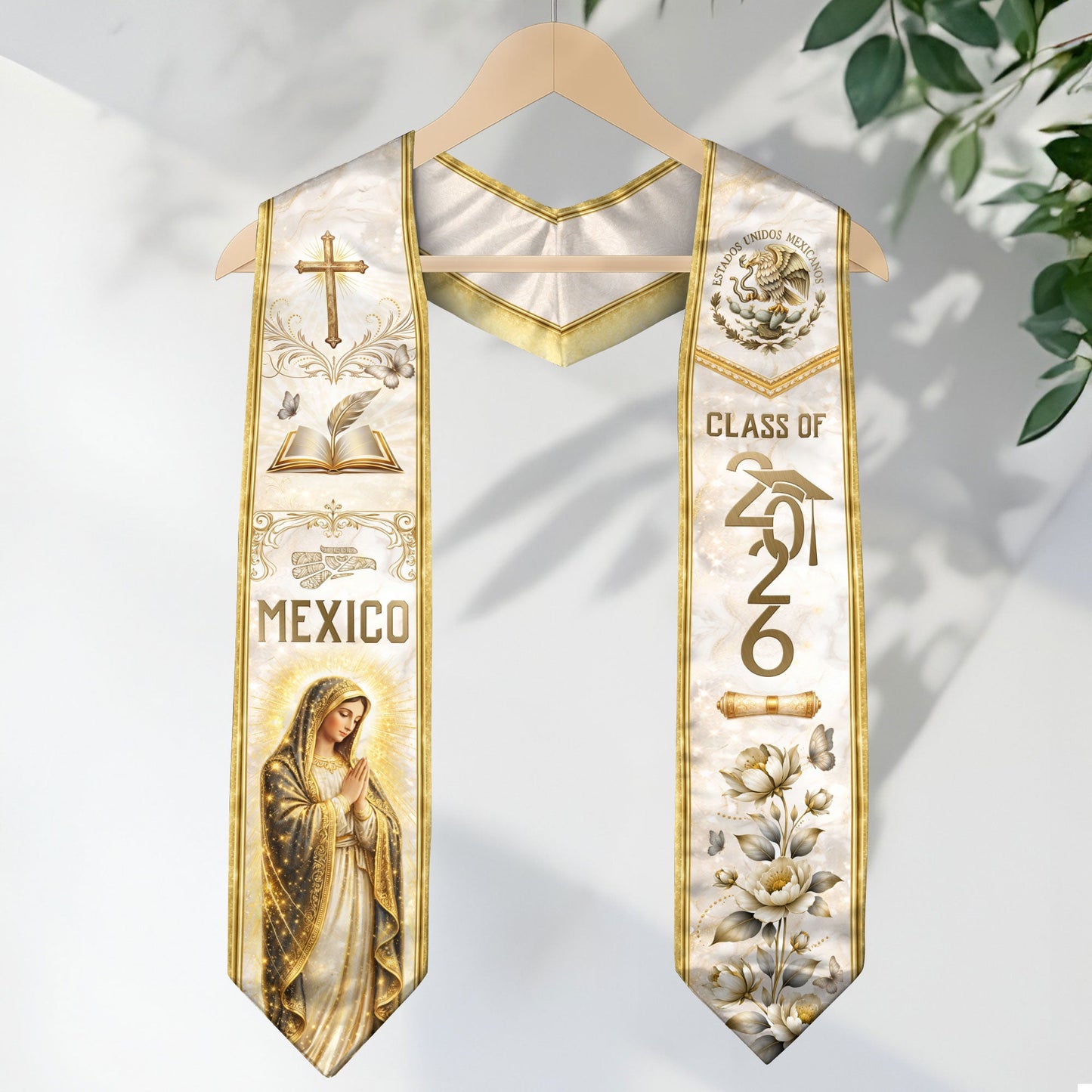 Class of 2026 Mexican Graduation Stole - Virgin Mary & Knowledge Gold Sash