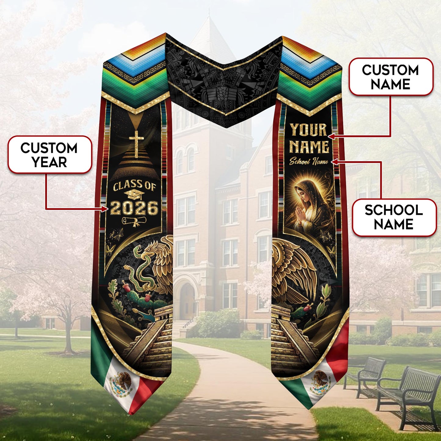 Mexican Graduation Stole 2026 – Virgin Mary, Eagle, Aztec Design, Name & School Personalized Sash