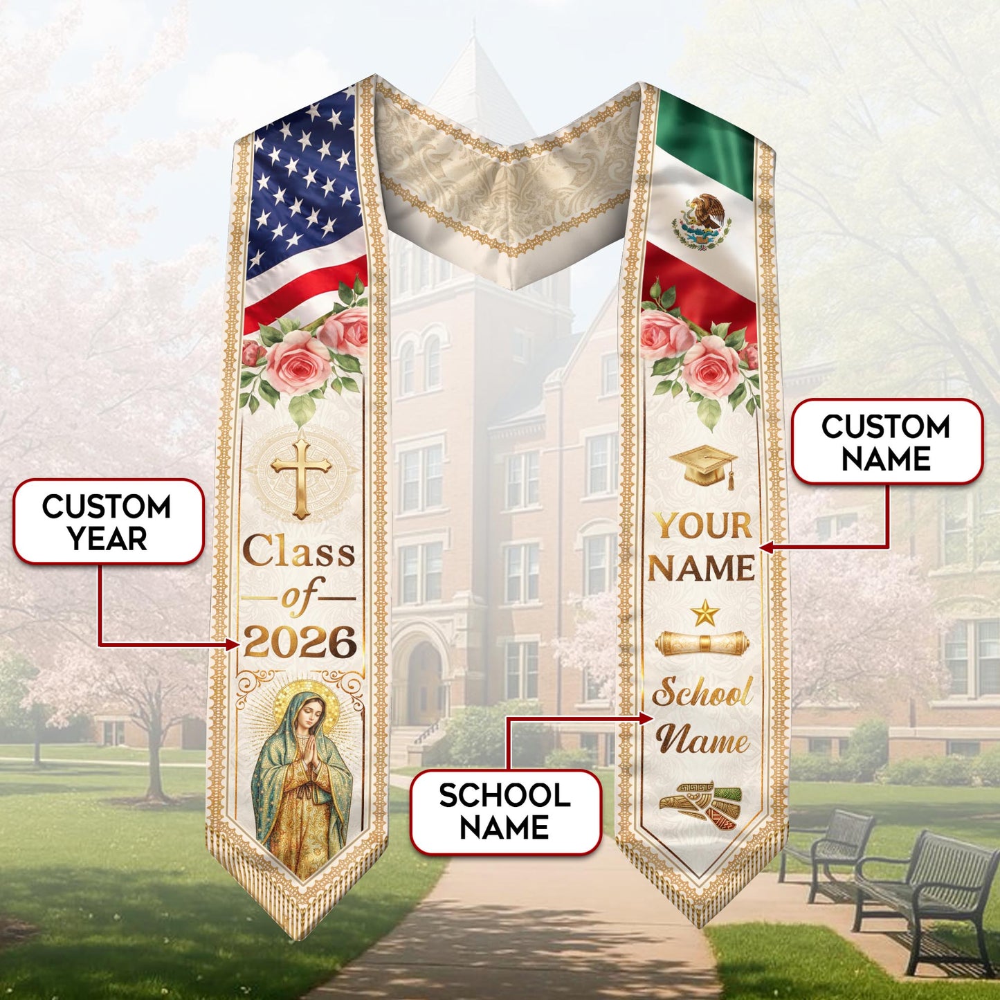 Custom Mexican Graduation Stole 2026 Virgin Mary Aztec Eagle Name School Sash