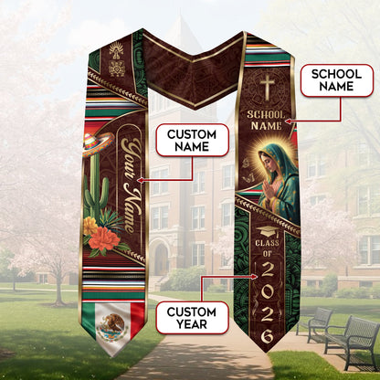 Custom Mexican Graduation Stole 2026 Virgin Mary Cactus Sombrero Name School Sash
